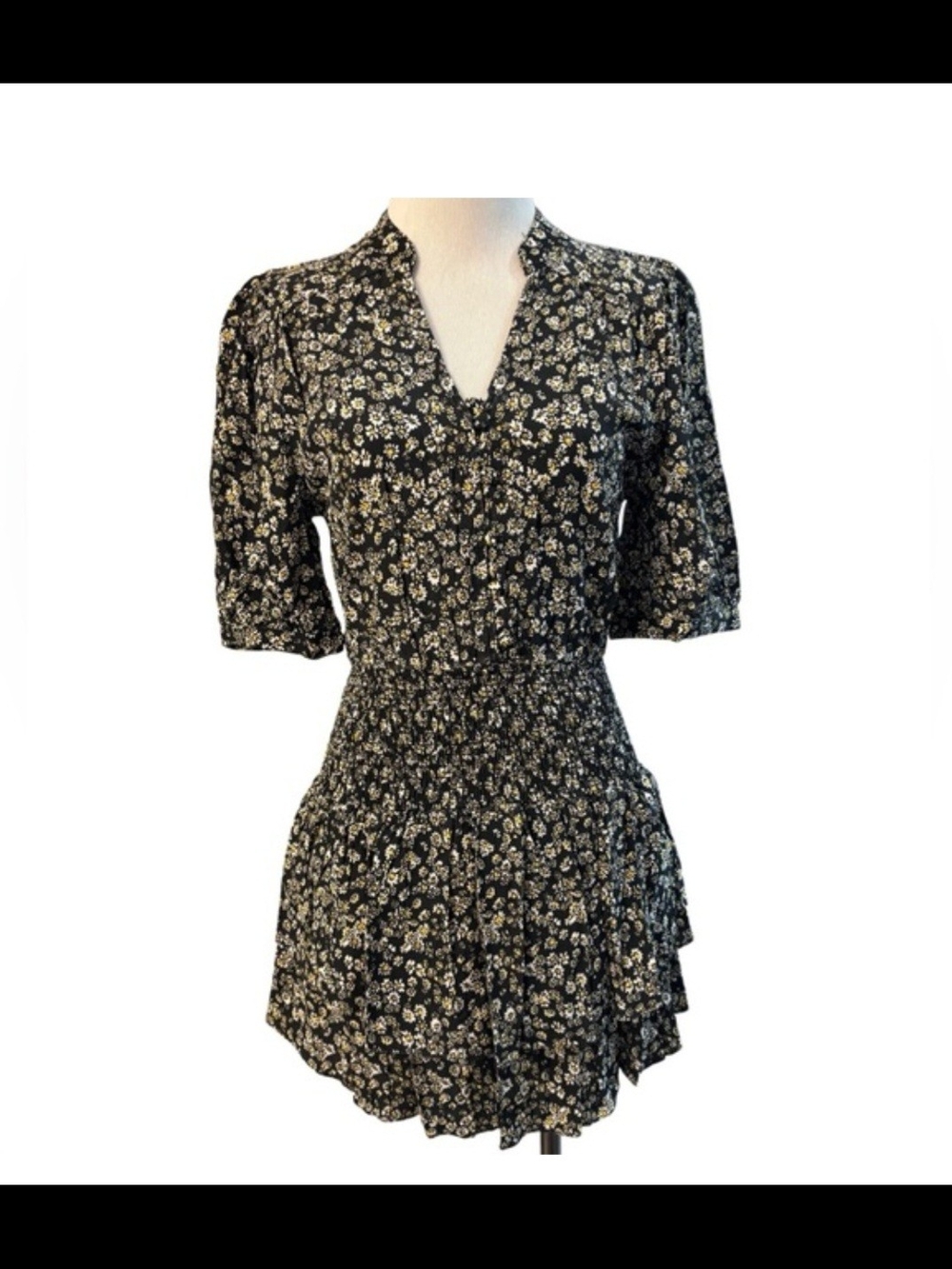 Aqua Black, White, Yellow Floral V-Neck Daisy Print Mini Dress, Size Small Nwot